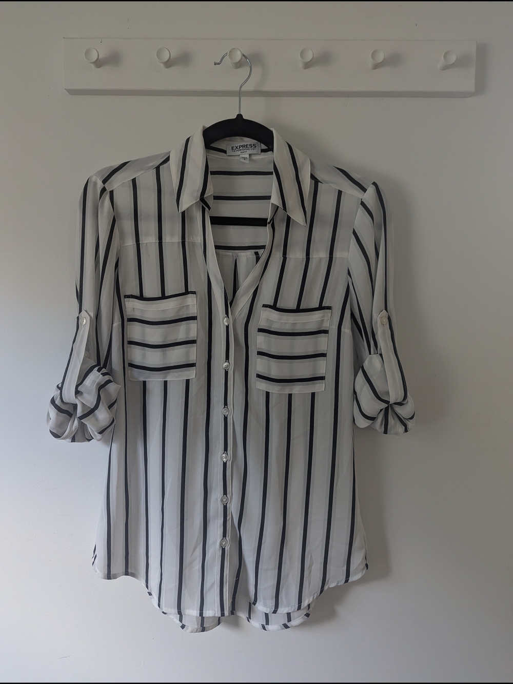 Express White Button-Down Shirt with Black Vertical Stripes